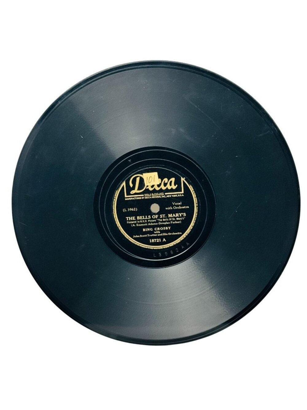 Bing Crosby The Bells Of St Marys 10 Inch Shellac Record 78 RPM Decca 18721